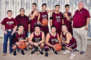 LONGHORN BASKETBALL for 2016-17 Back row, l to r, Payton Rhodes and Mauricio Sanchez, managers; Jose Luna, Jesus Guerrero, Paul Matthew Rodriguez, Angel Morales and Coach Tim Ashlock. In the front, l to r, are Alejandro Guevara, CJ Carrasco, Abram Carlos and EJ Esquivel. 